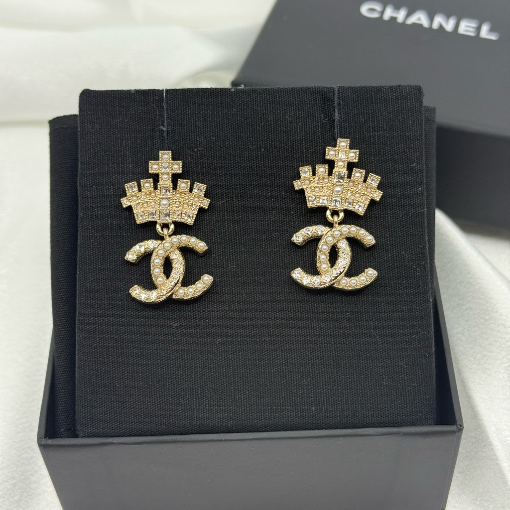 Chanel Crystal Faux Pearl Gold Crown Cc Logo Dangle Earrings